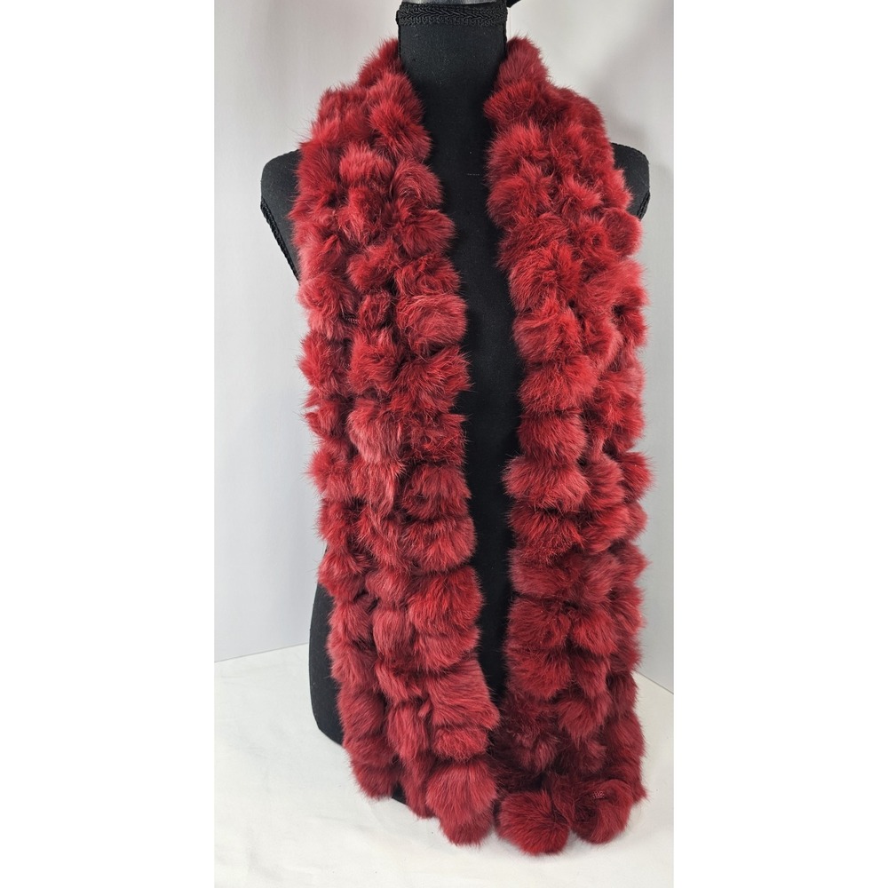 Women's Cejon Deep Dark‎ Red Rabbit Fur Ball Scarf 60" Long Beautiful